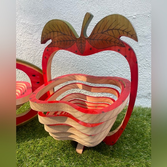 Pair of Vintage Equinoccio Red Apple and Watermelon Collapsable Wood Cut Display - Picture 3 of 13